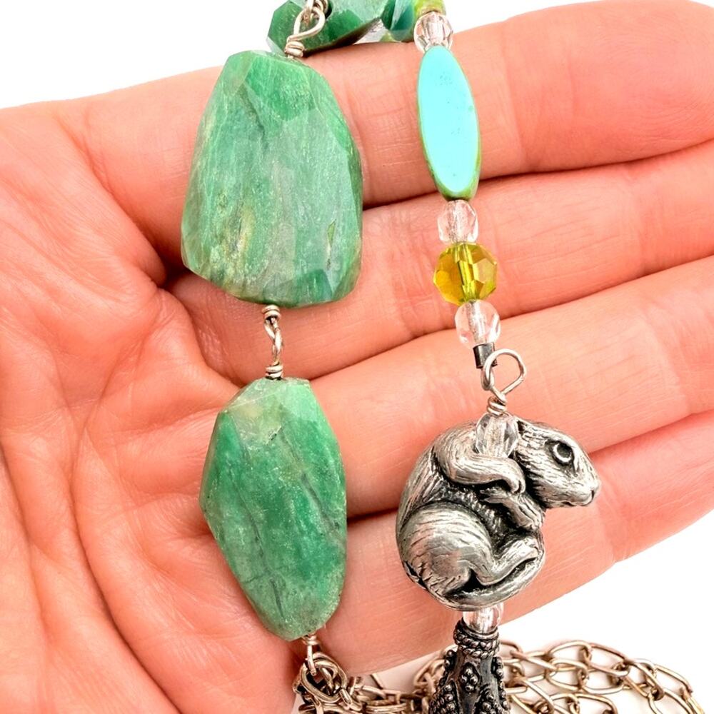Handmade Green Girl Studios Pewter Mouse Jade Turquoise Beaded Necklace  26"